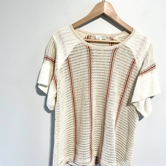 Crochet Striped Linen Open Knit Boho Top Sweater Shirt - Picture 7 of 11